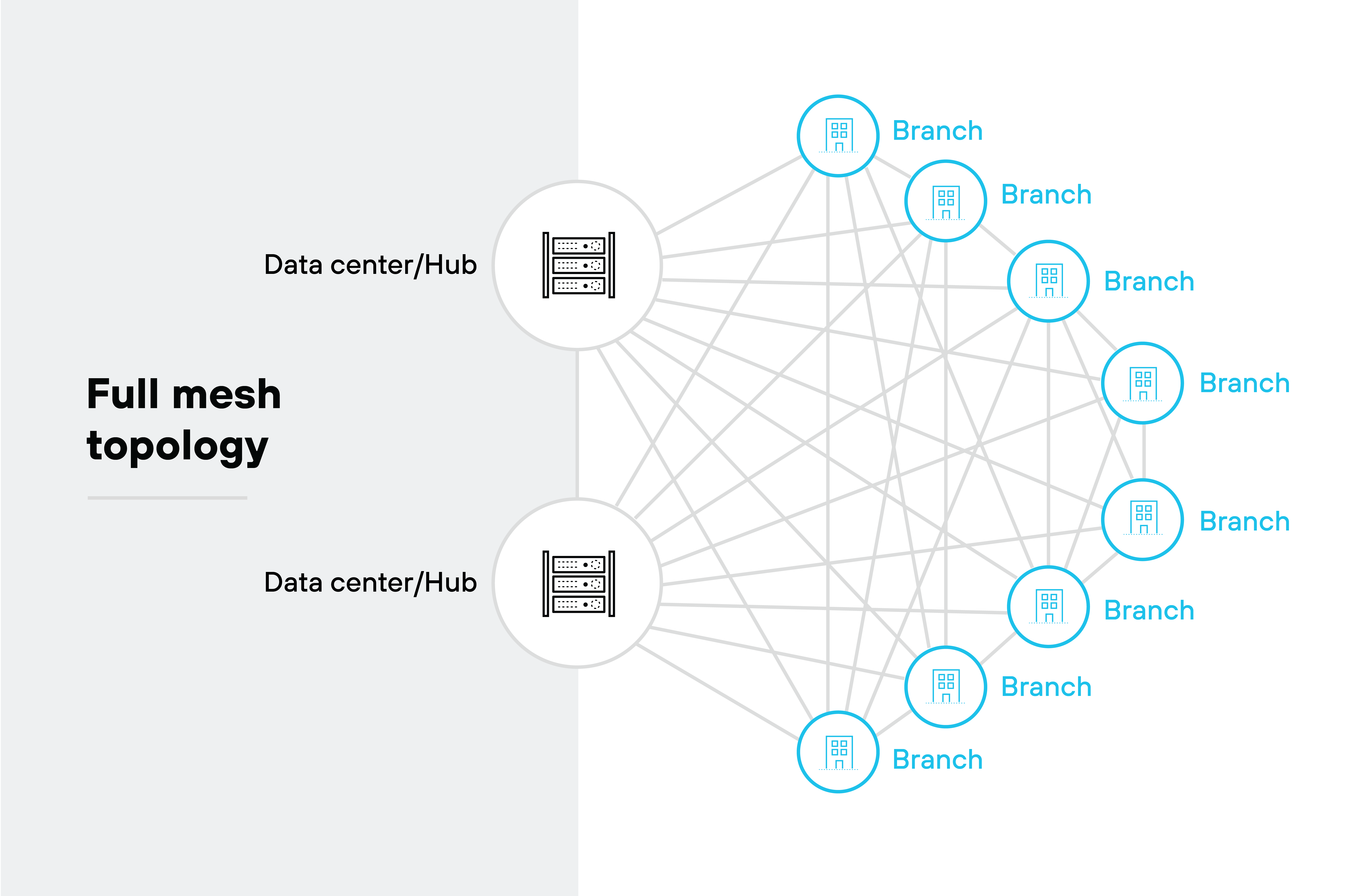 Full mesh topology architecture diagram illustrating a network structure where every branch and data center is interconnected. On the left, two icons labeled Data center/Hub, each represented by a server stack inside a circle, are connected to multiple branch locations on the right. Each branch, shown as a building icon inside a circle and labeled Branch, is connected not only to the data centers but also to all other branches. A web of lines between the branches and data centers demonstrates the full mesh setup, where all nodes (branches and data centers) have direct communication paths with one another. This structure allows for multiple, redundant connections across the network.