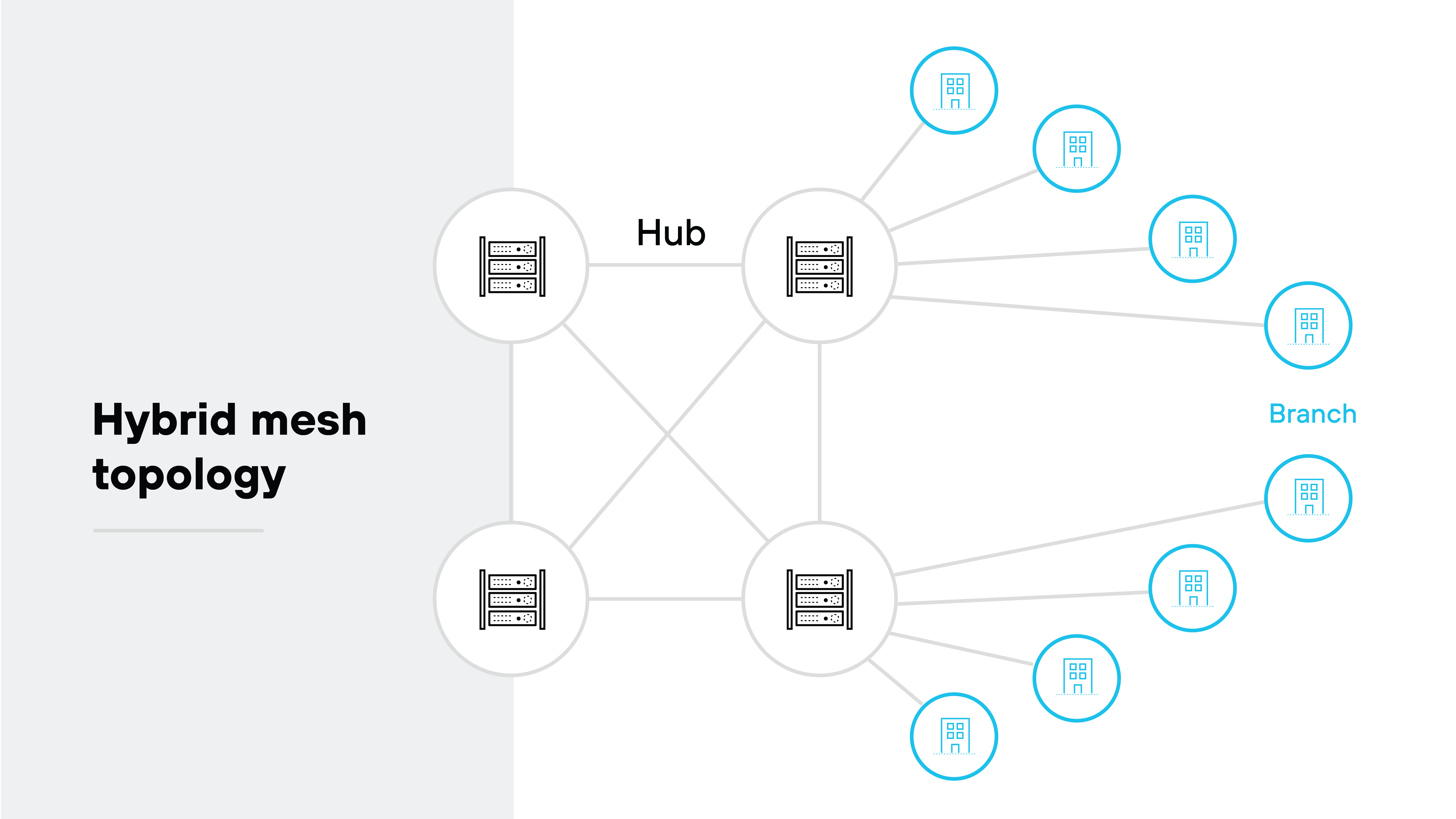 Hybrid mesh topology architecture diagram illustrating a network architecture where some components form a mesh, while others connect in a hub-and-spoke manner. On the left, three icons labeled Hub, represented by server stacks inside circles, are interconnected by lines, forming a mesh between them. On the right, branch locations, depicted as building icons inside circles and labeled Branch, are connected to individual hubs in a radial or spoke-like pattern. Each branch connects directly to a hub, but branches do not connect to each other. The diagram illustrates a hybrid approach combining mesh connectivity between hubs and hub-and-spoke connections to branch offices.