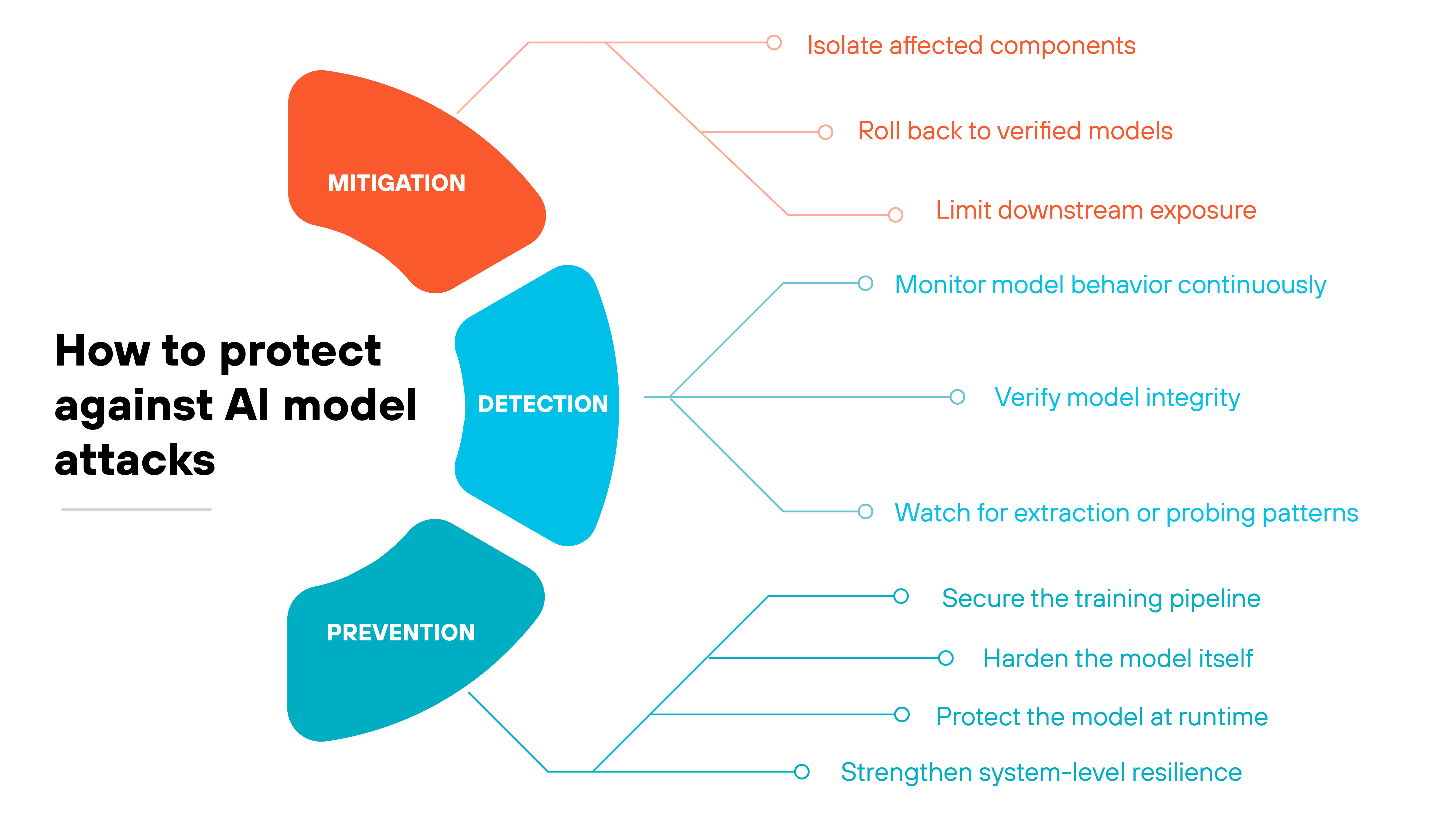 Infographic titled 'How to protect against AI model attacks' shows three curved, vertically stacked colored segments on the left labeled 'Mitigation' in orange, 'Detection' in blue, and 'Prevention' in teal. Each segment connects to a set of short action items arranged in horizontal lists on the right, linked with thin lines that match the segment's color. The orange 'Mitigation' segment connects to three items: 'Isolate affected components,' 'Roll back to verified models,' and 'Limit downstream exposure.' The blue 'Detection' segment connects to 'Monitor model behavior continuously,' 'Verify model integrity,' and 'Watch for extraction or probing patterns.' The teal 'Prevention' segment connects to 'Secure the training pipeline,' 'Harden the model itself,' 'Protect the model at runtime,' and 'Strengthen system-level resilience.' The left side of the graphic includes the heading 'How to protect against AI model attacks' in bold black text.