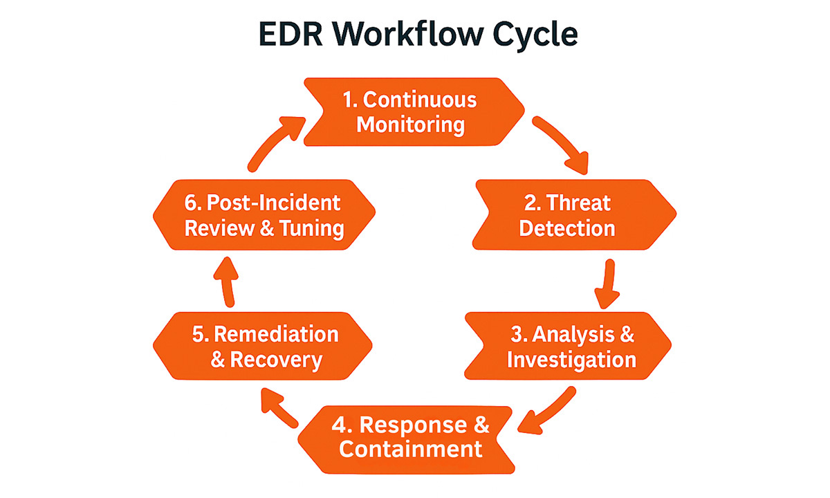 EDR Workflow Cycle Conceptual diagram illustrating the continuous EDR workflow cycle as a slowing, circular process, including all stages.