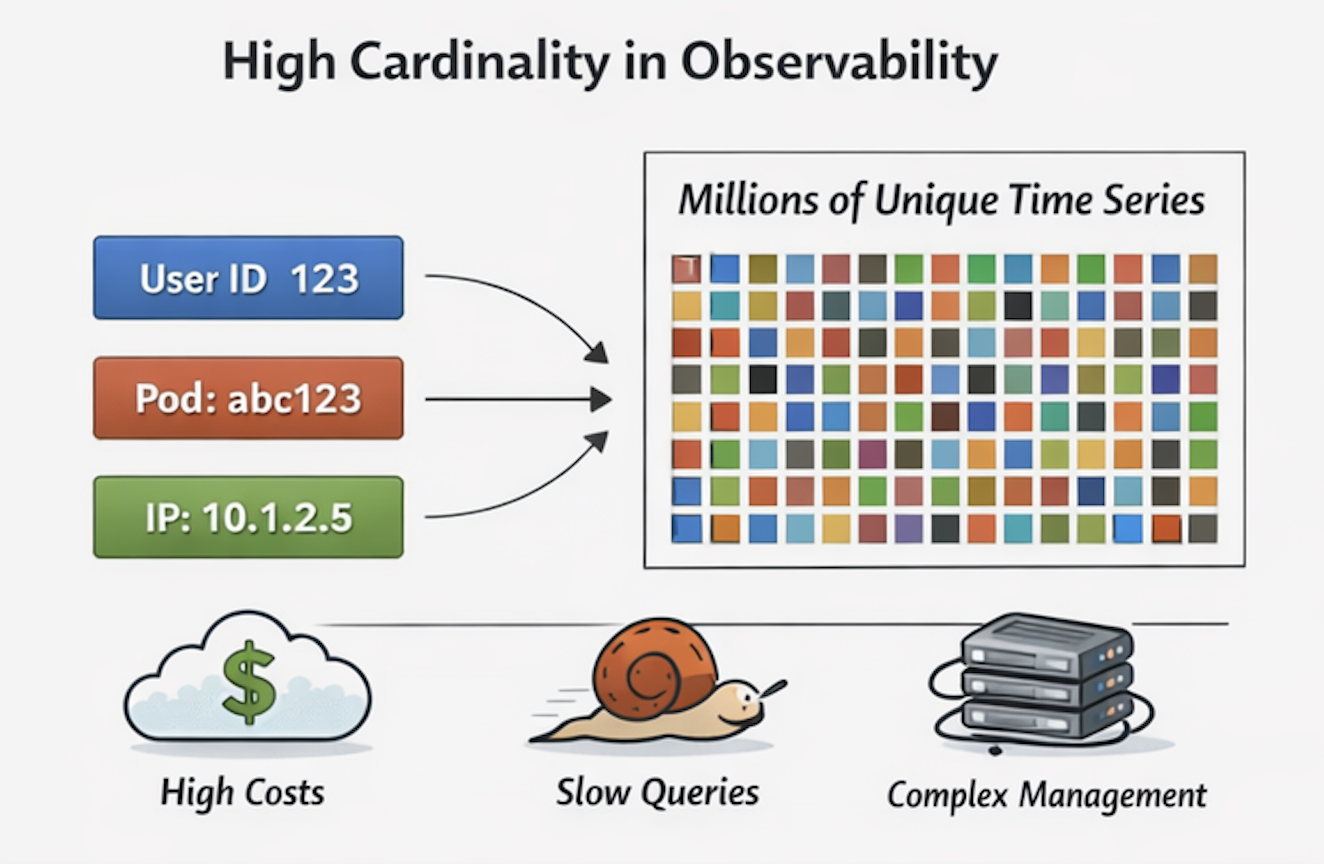 Diagram showing how dynamic labels such as user ID, pod name, and IP address create millions of unique time series in observability systems, leading to high costs, slow queries, and complex management.