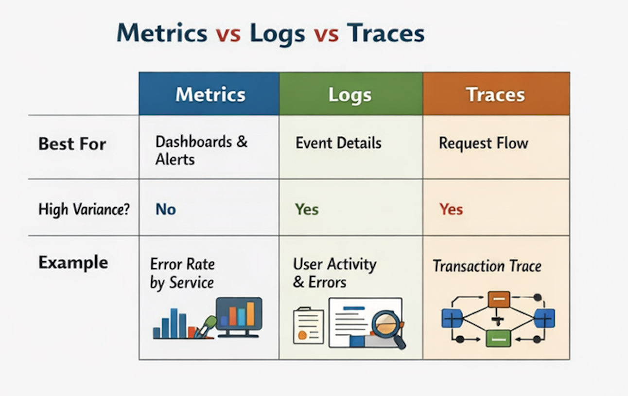 Comparison table showing when to use metrics, logs, and traces in observability: metrics for dashboards and alerts, logs for event details, and traces for request flow, highlighting that logs and traces handle high-variance data better than metrics.